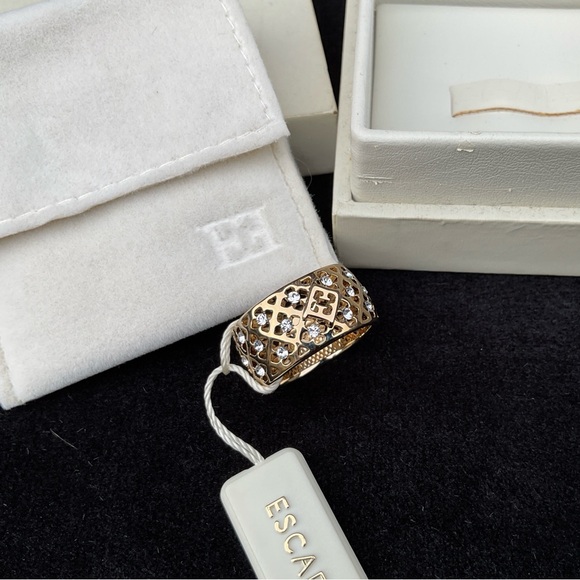 RARE Mint in Box ESCADA Gold Brass Band Ring Swarovski Stones & Logo Size 7 - Picture 6 of 14